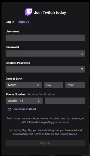 Creating an Account with Twitch